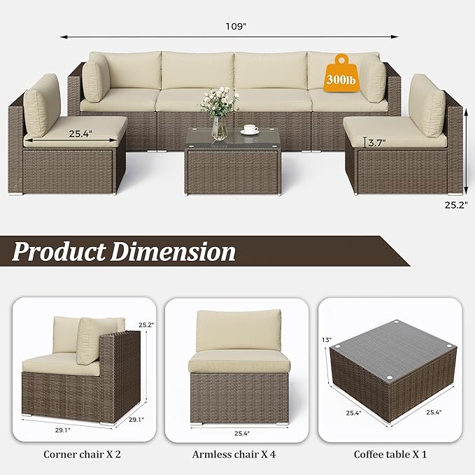 SUNVIVI OUTDOOR 7 Piece Patio Sectional Sofa Outdoor All Weather Brown PE Wicker Furniture Set, Paito Conversation Sofa Set with Glass Table, Removable Beige Cushions - LeafyLoom