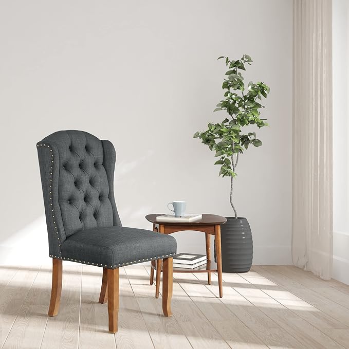 OSP Home Furnishings Jessica Button Tufted Wingback Upholstered Dining Chair with Wood Legs, Charcoal Fabric - LeafyLoom