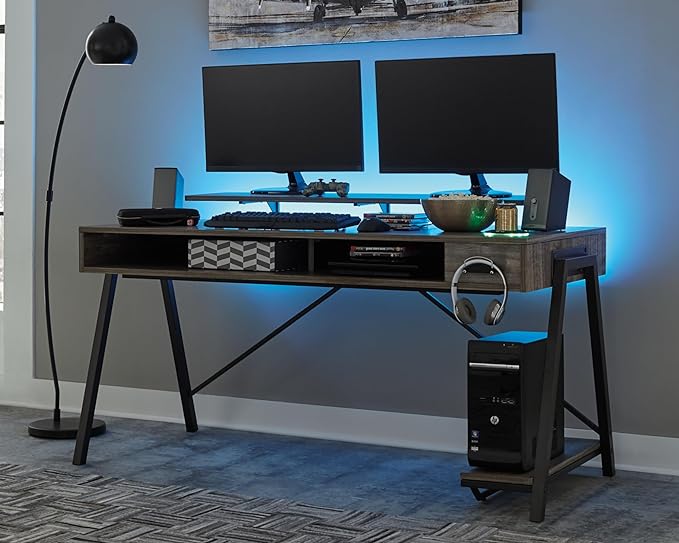 Signature Design by Ashley Barolli Home Office Gaming Desk with Multiuple LED Back Lights, Grayish Brown - LeafyLoom