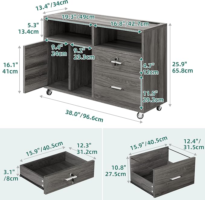 DWVO 2 Drawer File Cabinet with Charging Station, Mobile Filing Cabinet with Lock, Grey - LeafyLoom