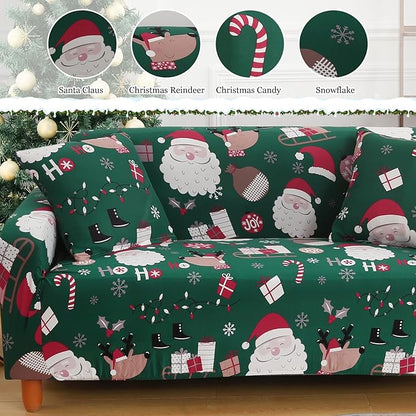 Mybedsoul Christmas Sofa Cover Santa Claus Printed Sofa Couch Cover Washable Furniture Protector with Elastic Bottom Xmas Home Room Festival Decoration(2 Seater/Loveseat) Mybedsoul