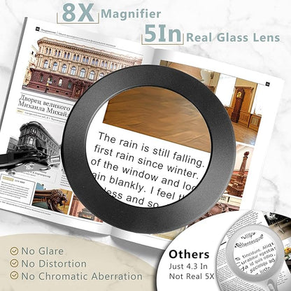 8X Magnifying Glass with Light, 5 Inches Real Glass Lens LED Desk Lamp with Clamp, 3 Color Modes Stepless Dimmable Lighted Magnifier with Light and Stand for Reading Crafts Repair Close Works - Black - LeafyLoom