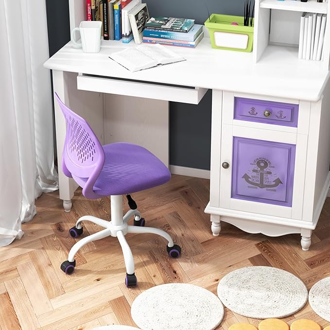 Kids Desk Chair, Purple Ergonomic Kids Office Chair Ages8-12 w/Lumbar Support, Low-Back Teen Desk Chair for Girls Boys, Small Cute Kids Computer Chair for Bedroom/Study/Vanity Desk - LeafyLoom