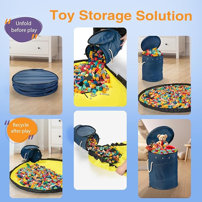 Toy Storage Basket + Play Mat for Kids Toy Chest Organizer Kids Toy Storage Organizer Foldable Big Storage Bins with Lids Large Toy Box for Boys Girls Toy Holders for Kids Rooms Nursery (Blue) - LeafyLoom