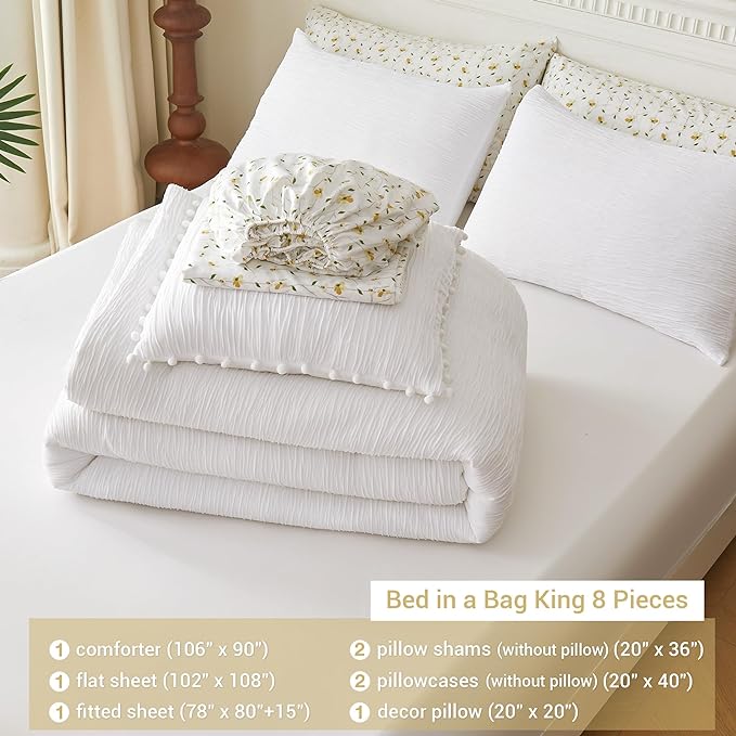 8 Piece Woven Texture White King Size Comforter Set, Bed in A Bag Bedding King with Comforter and Sheets, Soft Lightweight Comforter Set with Deocor Throw Pillow, White - LeafyLoom