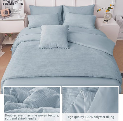 Queen Comforter Set Blue, 8 Piece Bed in a Bag Queen for All Season, Woven Texture Bedding Comforter Set with Sheets and Pillows, Soft Lightweight Queen Comforter Bed Set, Light Heaven Blue - LeafyLoom