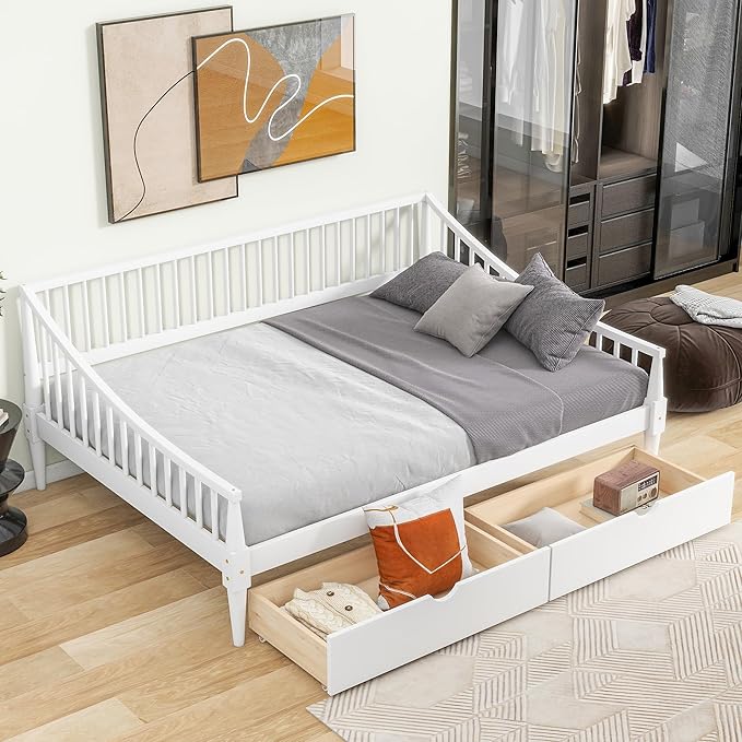 Full Size Daybed with Two Drawers,Solid Wood Storage Bed Frame W/Wooden Slat Support,Guide Rail Design on Three Sides,Easy to Assemble,for Bedroom Living Room,White - LeafyLoom