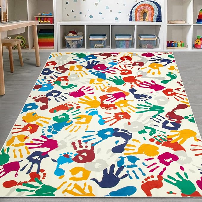 Large Colorful Kids Rug 6x9 Ft, Non-Slip Washable Rug for Classroom, Handprints and Footprints Rugs for Playroom, Soft Nursery Rug Indoor Play Mat for Kids Room Daycare School - LeafyLoom