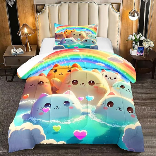 Cat Comforter Set - Cartoon Cat Twin Bedding Set for Girls Cute Cat Rainbow Printed Kids Bedding Set for Girls Kids Teens All Season Kawaii Cat Twin Quilt Set, 1 Comforter+1 Pillowcase - LeafyLoom