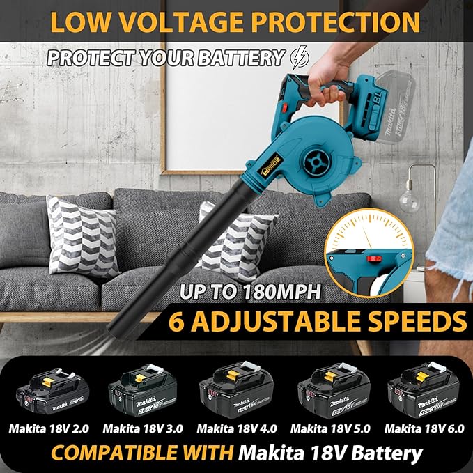 Cordless Leaf Blower for Makita 18V Battery, 2-in-1 Handle Electric Blower + Vacuum Cleaner, 6 Variable Speed Up to 180MPH, Electric Jobsite Air Blower with Brushless Motor (Battery Not Included) - LeafyLoom