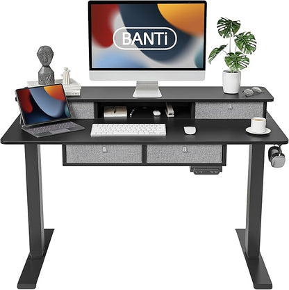 BANTI Height Adjustable Electric Standing Desk with 4 Drawers, 48 x 24 Inch Table with Storage Shelf, Sit Stand Desk, Black Top - LeafyLoom