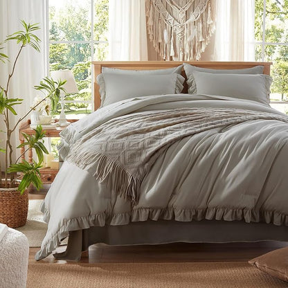 Anluoer Queen Comforter Set 7 Piece, Grey Bed in a Bag with Sheets, All Season Ruffle Shabby Chic Bedding Sets with 1 Comforter, 2 Pillow Shams, 2 Pillowcases, 1 Flat Sheet, 1 Fitted Sheet - LeafyLoom