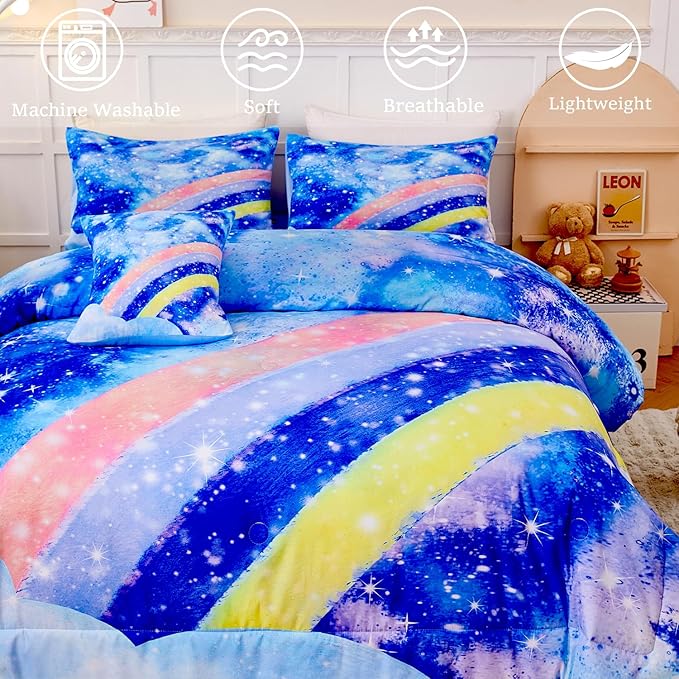 6Pcs Rainbow Bluey Girls Comforter Set Twin Gradient Glitter Bedding Sets Tie Dye Blue Girl Bed Set Soft Galaxy Kids Bed in A Bag with Sheets for All Season - LeafyLoom