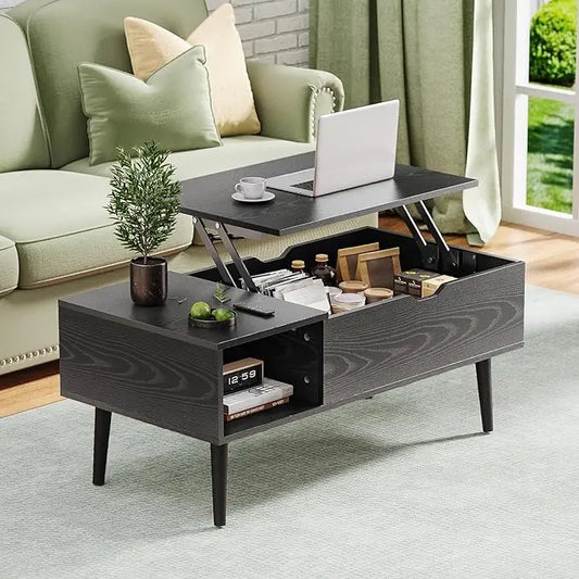 OLIXIS Modern Lift Top Coffee Table Wooden Furniture with Storage Shelf and Hidden Compartment for Living Room Office, Black - LeafyLoom