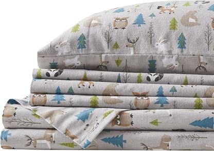 Comfort Spaces Cotton Flannel Breathable Warm, Deep Pocket Sheets with Pillow Case Bedding, King, Multi Forest Animals 4 Piece - LeafyLoom