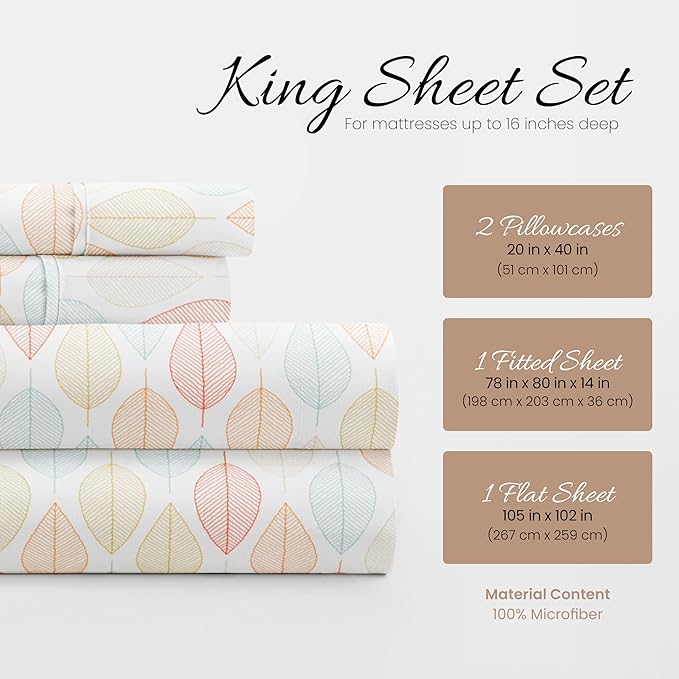 Linen Market 4 Piece King Bedding Sheet Set (Yellow Fall Foliage) - Sleep Better Than Ever with These Ultra-Soft & Cooling Bed Sheets for Your King Size Bed - Deep Pocket Fits 16" Mattress - LeafyLoom