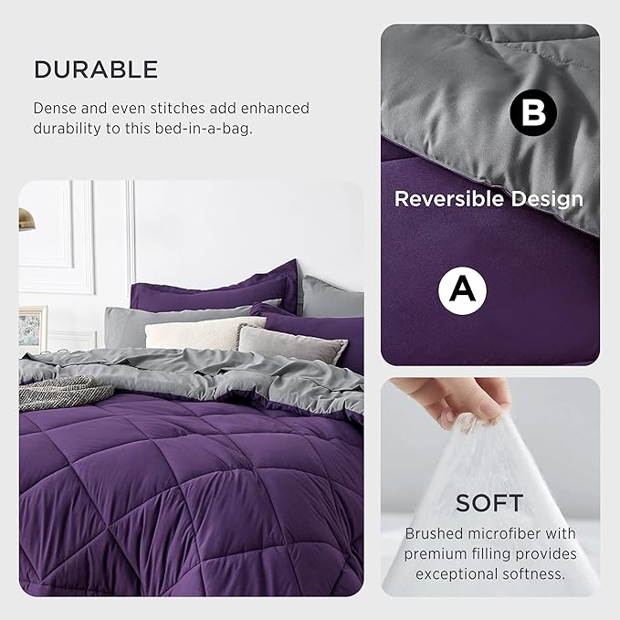 Bedsure Purple Twin XL Comforter Sets - 5 Pieces Reversible Twin XL Bedding Sets, Bed Sets Comforters, Sheets, Pillowcase & Sham, Grey XL Twin Bed in a Bag for College - LeafyLoom