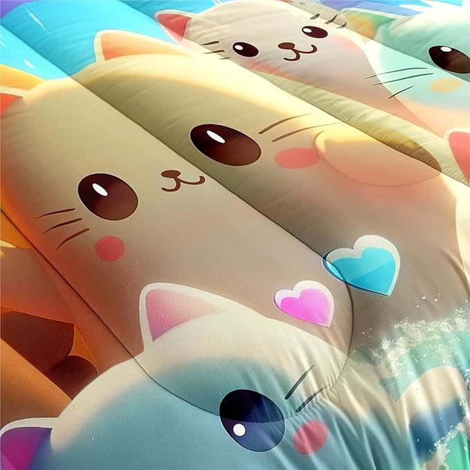 Cat Comforter Set - Cartoon Cat Twin Bedding Set for Girls Cute Cat Rainbow Printed Kids Bedding Set for Girls Kids Teens All Season Kawaii Cat Twin Quilt Set, 1 Comforter+1 Pillowcase - LeafyLoom