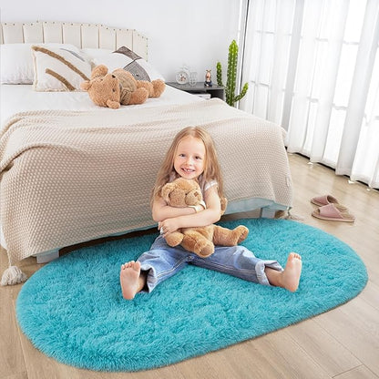 Merelax Soft Shaggy Rug for Kids Bedroom, Oval 2.6'x5.3' Teal Plush Fluffy Carpets for Living Room, Furry Carpet for Teen Girls Room, Anti-skid Fuzzy Comfy Rug for Nursery Decor Cute Baby Play Mat - LeafyLoom