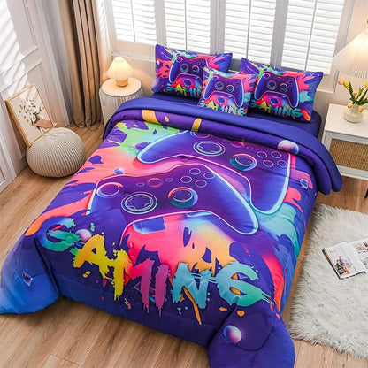 Aimuan Gaming Comforter Sets for Boys Kids Bedding Sets Video Games Console Action Buttons Novelty Colorful Game Gamepad Controller Modern Gamer Room Decor Home Quilt Set (Twin 6 Pcs,Purple) - LeafyLoom