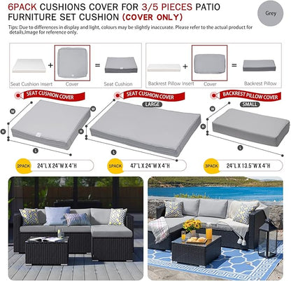 ClawsCover 6Pack Outdoor Seat and Back Cushions Replacement Covers Fit for 3 Pieces 3-Seater Wicker Rattan Patio Furniture Conversation Set Sectional Couch Chair,Gray-Include Cover Only - LeafyLoom