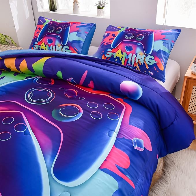 Aimuan Gaming Comforter Sets for Boys Kids Bedding Sets Video Games Console Action Buttons Novelty Colorful Game Gamepad Controller Modern Gamer Room Decor Home Quilt Set (Twin, Purple) - LeafyLoom