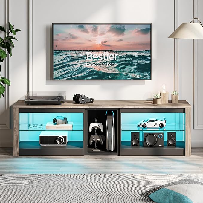 Bestier TV Stand for 70 inch TV, Gaming Entertainment Center for PS5, LED TV Cabinet with Glass Shelves for Living Room, 63'' Inch, Pinewood - LeafyLoom