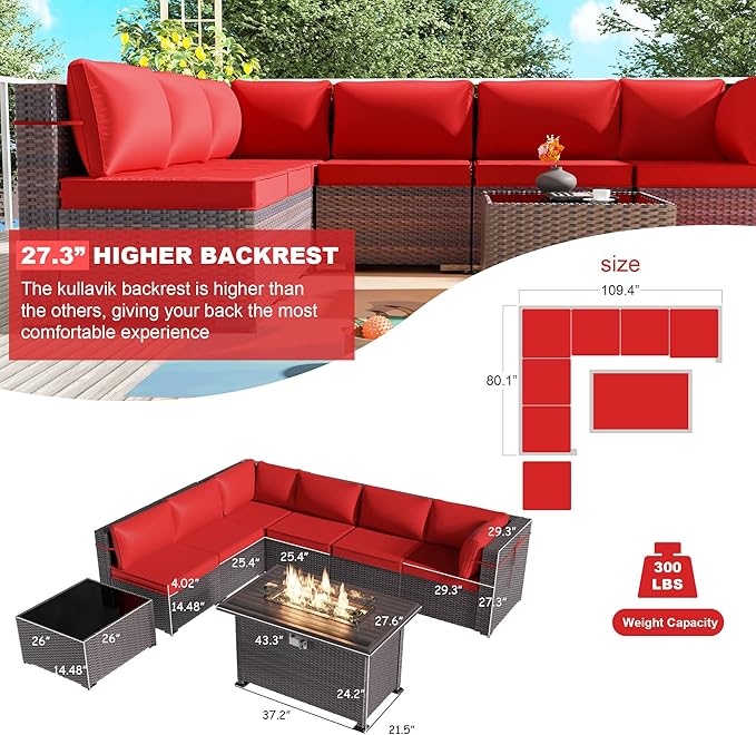 Kullavik 8 Pieces Outdoor Patio Furniture Set with 43" 55000BTU Gas Propane Fire Pit Table PE Wicker Rattan Sectional Sofa Patio Conversation Sets,Red - LeafyLoom