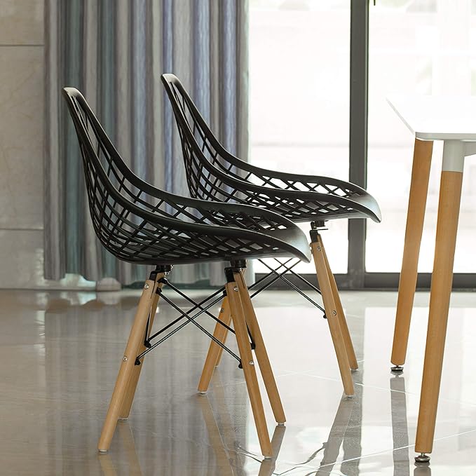 Mid-Century Modern Style Plastic DSW Shell Dining Chair with Lattice Back and Wooden Dowel Eiffel Legs, Black - LeafyLoom