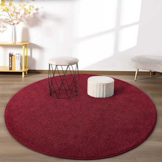 Round Area Rugs for Bedroom Living Room, 5x5 Rose Red Super Soft Comfy Thickened Memory-Foam Indoor Circle Carpets, Modern Aesthetic Minimalist Carpet for Boys Girls Adults Nursery Home Décor - LeafyLoom