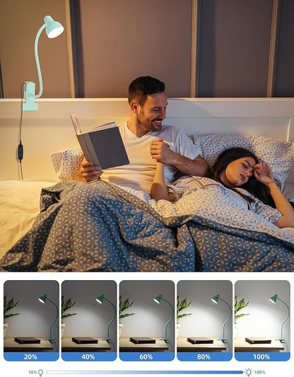 Clip on Reading Light for Bed 3 Color Modes, 10 Brightness Dimmable, Flexible Gooseneck Clip on Lamp, Eye Care Clip Light for Bed Headboard Desk Home Dorm, Teal - LeafyLoom