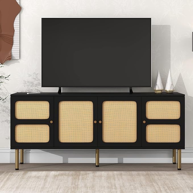 TV Stand, 65 Inch TV Console with Rattan Door and Gold Metal Base for TVs Up to 70'', Boho Style Entertainment Center with Ample Storage Space for Living Room, Black - LeafyLoom