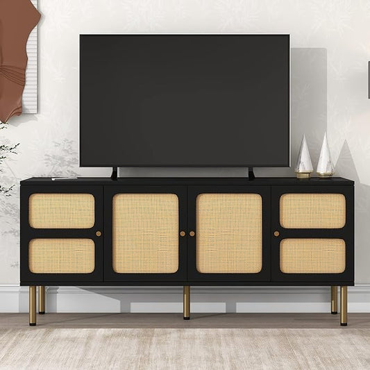 TV Stand, 65 Inch TV Console with Rattan Door and Gold Metal Base for TVs Up to 70'', Boho Style Entertainment Center with Ample Storage Space for Living Room, Black - LeafyLoom