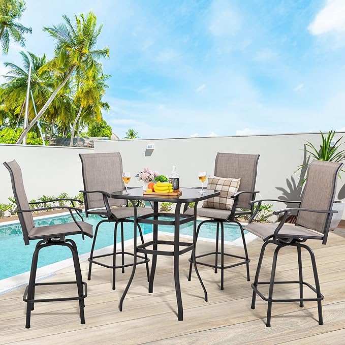 Shintenchi 5 Pieces Outdoor Swivel Bar Set, All Weather Textile Fabric Patio High Bar Stool Bistro Set with 4 Height Back Bar Chairs and Glass Table for Home, Backyard, Garden, Lawn, Porch - LeafyLoom