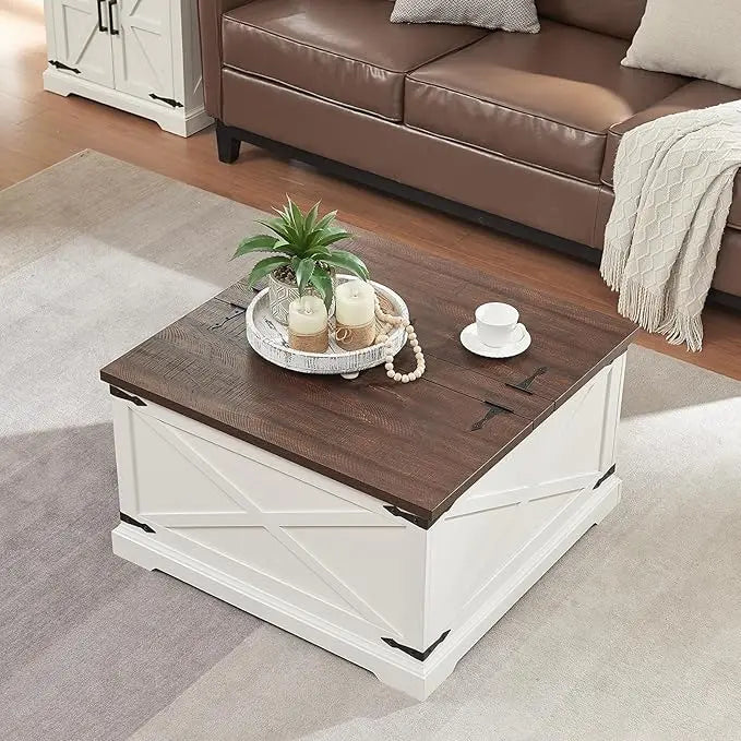 Farmhouse Square Coffee Table with Storage, Wood Center Table with Hinged Lift Top, Rustic Cocktail Table with Large Hidden Storage Compartment for Living Room, Bedroom,White - LeafyLoom