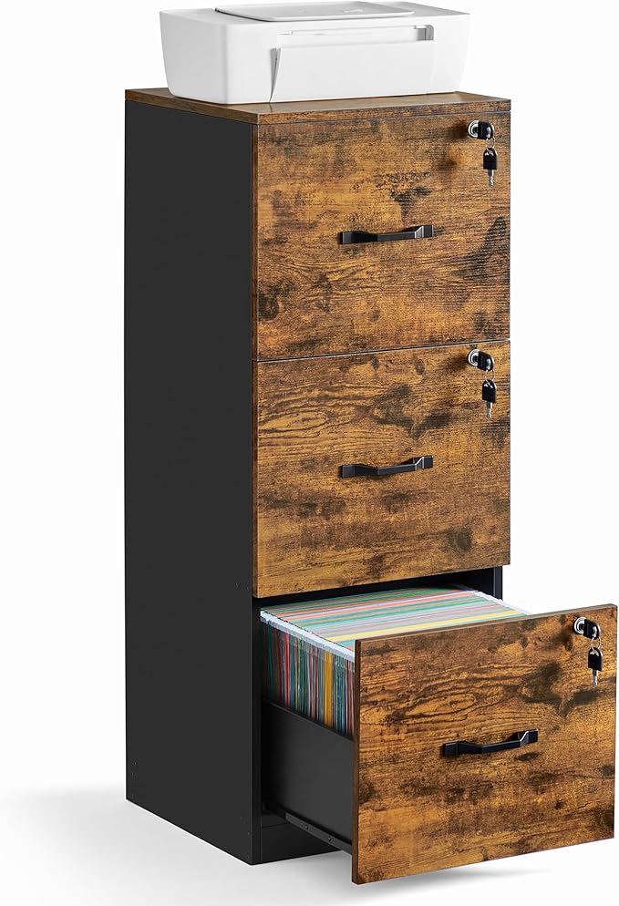 VASAGLE 3-Drawer Vertical File Cabinet, Filing Cabinet for Home Office, Printer Stand, with 3 Lockable Drawers, Adjustable Hanging Rail, for A4 and Letter-Size Files, Rustic Brown and Black UOFC055B01 - LeafyLoom