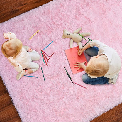 Softlife Ultra Soft Fluffy Area Rugs for Bedroom, Girls and Boys Room Kids Room Nursery Rug, 4 x 5.3 Feet Pink Shaggy Fur Indoor Plush Modern Floor Carpet for Living Room Christmas Decor - LeafyLoom