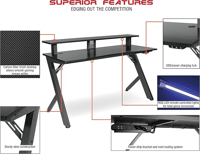 OSP Home Furnishings Area51 Battlestation Gaming Desk with Bluetooth RGB LED Lights, Matte Black - LeafyLoom