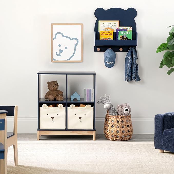 Delta Children babyGap Charlie 6-in-1 Convertible Crib + Brannan Bear Bookcase with Bins + Brannan Bear Wall Shelf with 4 Hooks, Navy (Bundle) - LeafyLoom