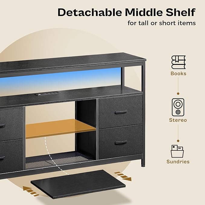 TV Stand Dresser with Power Outlets and LED Lights, 4 Drawers Entertainment Center with Shelf, 54 Inch Media Console for 55 60 Inch TV, 4 AC Outlets, 2 USBs, Dresser with PU Finish, Black - LeafyLoom