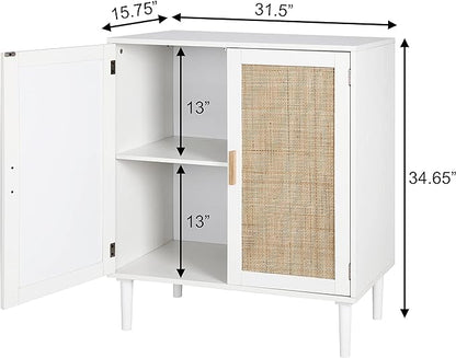 Finnhomy Sideboard Buffet Storage Liquor Cabinet with Rattan Decorated Doors, Kitchen, Dining Room, Hallway, Cupboard Console Table, Accent Cabinet, 31.5X 15.8X 34.6 Inches, White - LeafyLoom