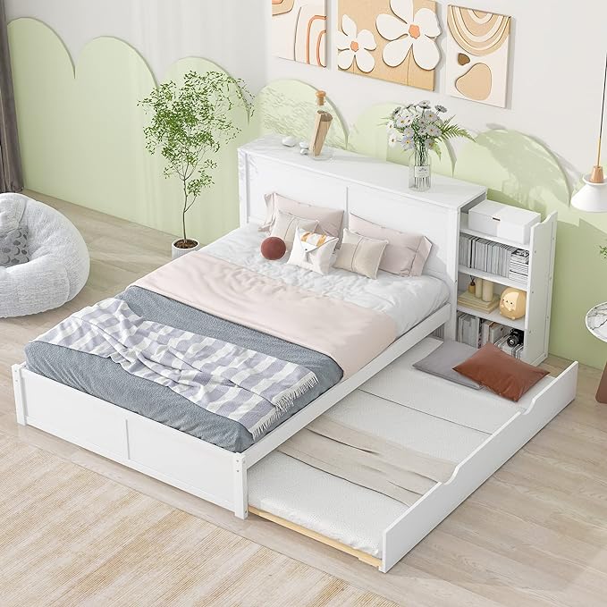 Queen Size Bed Frame with Headboard and Twin XL Trundle, Wood Queen Size Platform Bed with Pull Out Storage Shelves Headboard for Bedroom, White - LeafyLoom