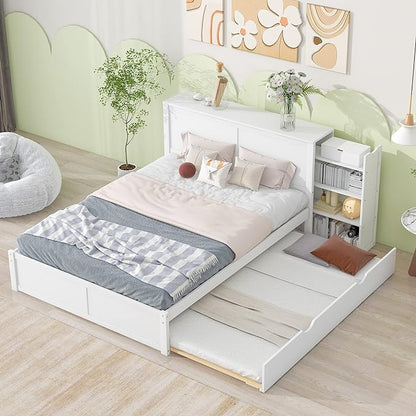 Queen Size Bed Frame with Headboard and Twin XL Trundle, Wood Queen Size Platform Bed with Pull Out Storage Shelves Headboard for Bedroom, White - LeafyLoom