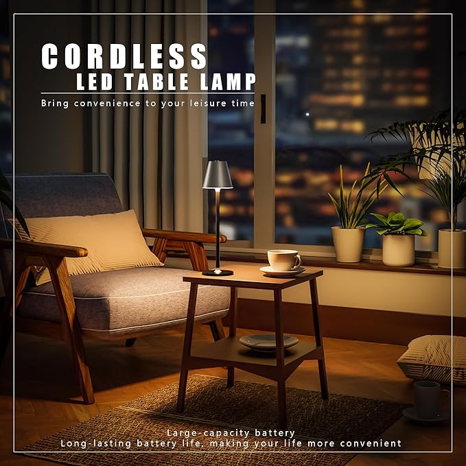 Modern LED CordlessTable Lamp,4000mAh Rechargeable Battery Desk lamp,3 Level Brightness Night Light, Metal Shell,Minimalist Design, for Couple Dinner/Coffee Table/Restaurant/Bedroom(Sliver&Black) - LeafyLoom