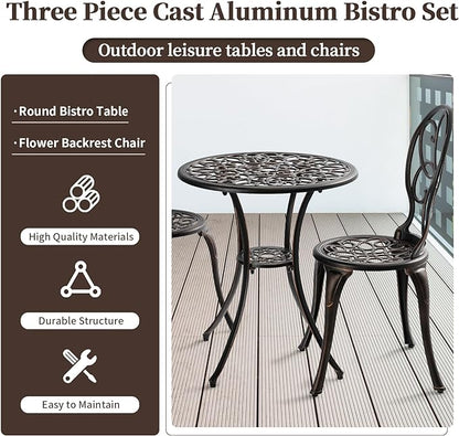 Patio Bistro Sets 3 Piece, Outdoor Bistro Table and Chairs Set of 2 with Umbrella Hole, Cast Aluminum Bistro Set, Patio Furniture for Yard Garden Porch, Bronze - LeafyLoom