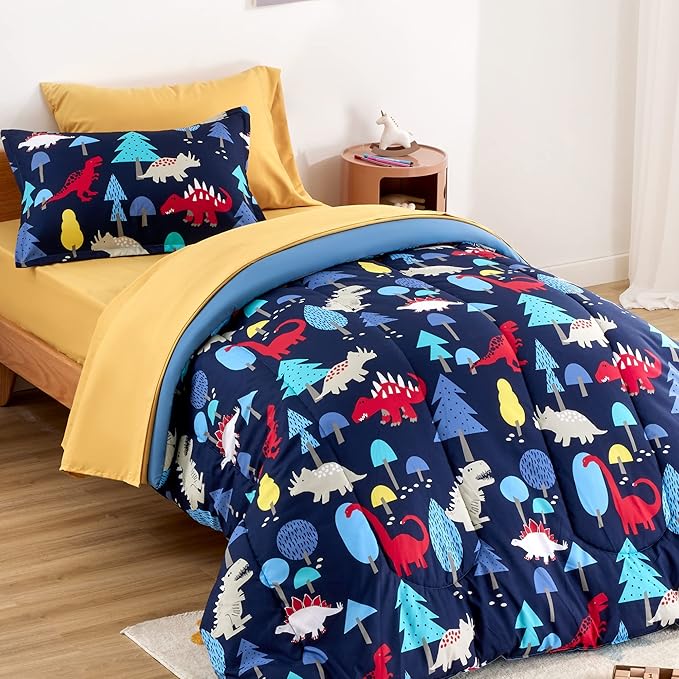 SLEEP ZONE Kids Bedding Comforter Set Full/Queen Size - Super Cute & Soft Kids Bedding 7 Pieces Set with Comforter, Sheet, Pillowcase & Sham (Dinosaur Land) - LeafyLoom