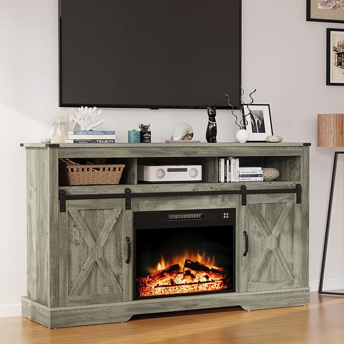 Farmhouse Fireplace TV Stand for 65+ Inch TV, Entertainment Center with 23" Electric Fireplace with Remote, Modern Rustic TV Console with Sliding Bar Door for Living Room, Light Grey - LeafyLoom