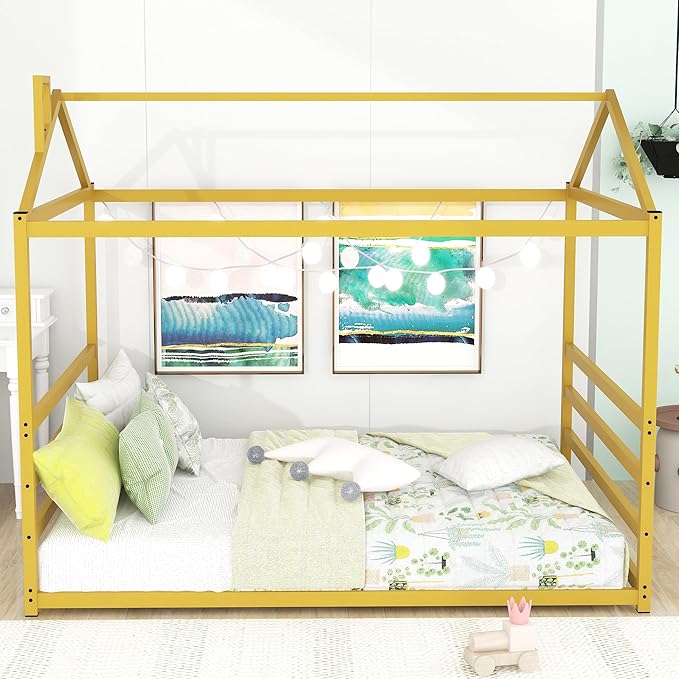 Queen Size Metal Floor Bed for Kids,Montessori Floor Bed with Roof,House Bed Frame for Boys Girls,Metal House Shape Platform Bed,Gold - LeafyLoom