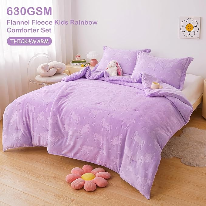 Mooreeke Full Kids Comforter Bed Set, Embossed Plush Fleece Soft & Warm 3 Piece Bed in A Bag with Shams, Velour Velvet Purple Unicorn Girls Kids Bedding Set, Fluffy Fuzzy Polar Cozy and Stylish - LeafyLoom