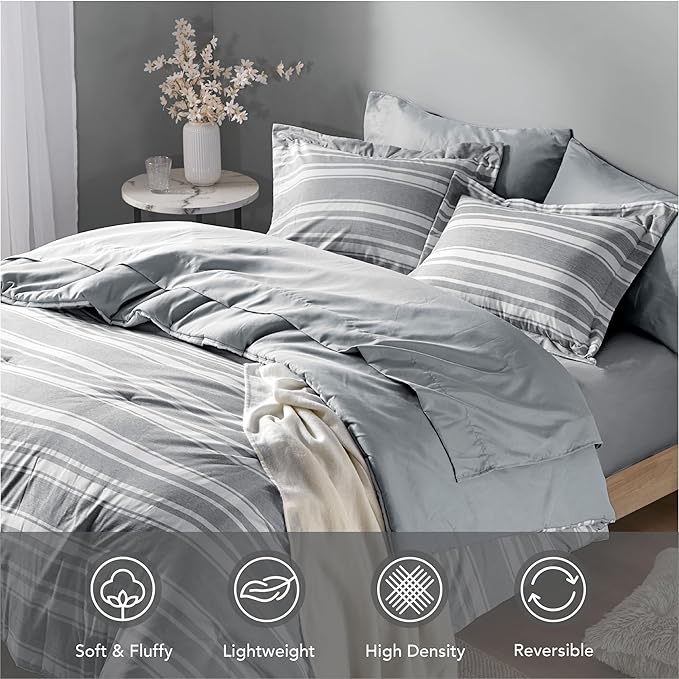 King Size Bed in a Bag, Full Bedding Sets, Modern Farmhouse Grey and White Striped Comforter with Sheets, 7-Piece Complete Bedroom Set - LeafyLoom